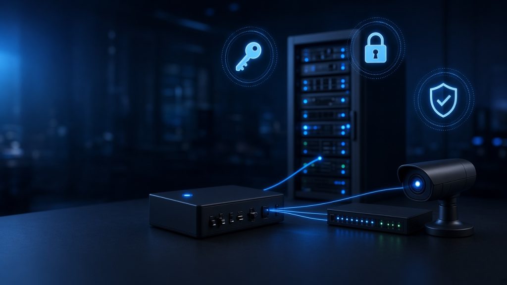 Servers, a network switch, and a CCTV camera linked to one automation console for account-credential changes